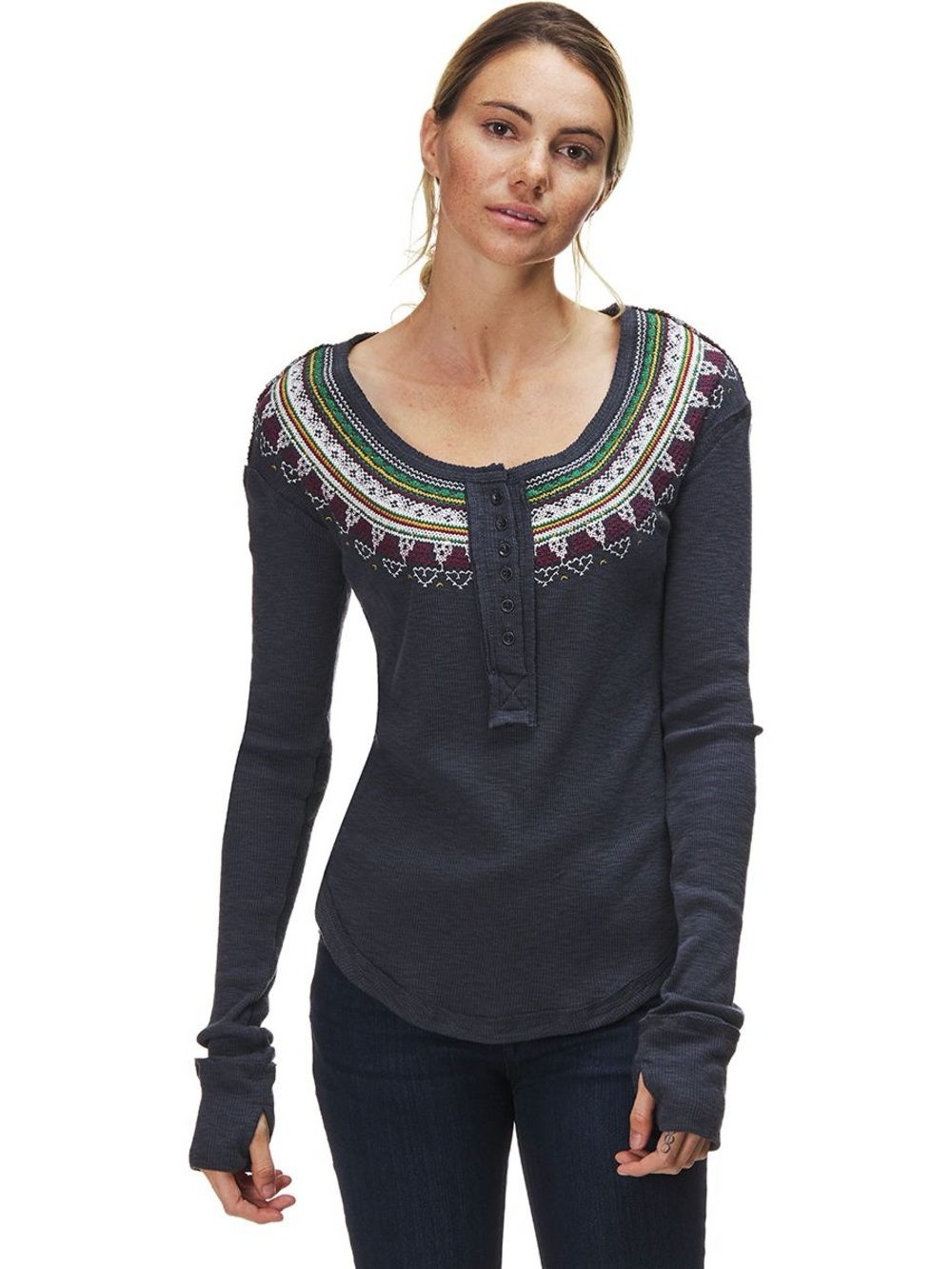 Free People Long Sleeve Henley Top in Charcoal with Multicolor Yoke